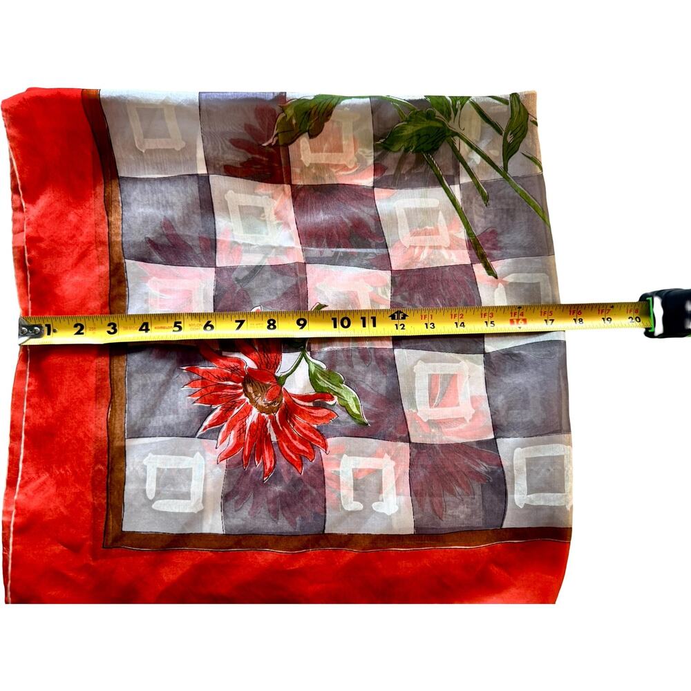Vintage Pure Silk Hand Rolled Scarf Red Gerbera Daisy Harlequin Print 35" - Picture 10 of 11